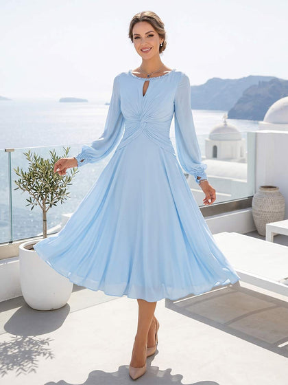 Robe Mère de la Mariée Trapèze/Princesse Encolure Arrondie à Manches Longues Longueur Genou avec Fronces et Découpe Goutte