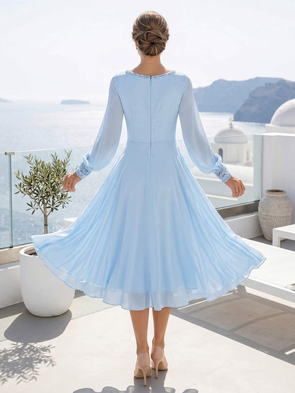 Robe Mère de la Mariée Trapèze/Princesse Encolure Arrondie à Manches Longues Longueur Genou avec Fronces et Découpe Goutte