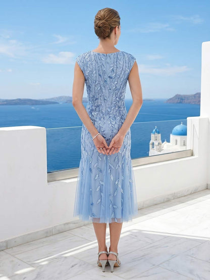 Robe Mère de la Mariée Fourreau/Colonne Encolure Bateau à Manches Courtes avec Paillettes