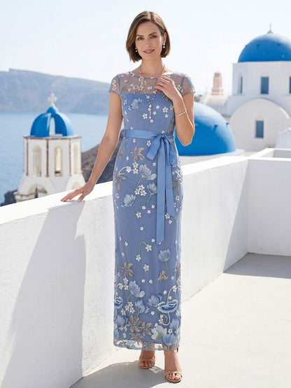 Robe Mère de la Mariée Fourreau/Colonne Encolure Bateau à Manches Courtes Longueur Cheville avec Broderie et Nœud