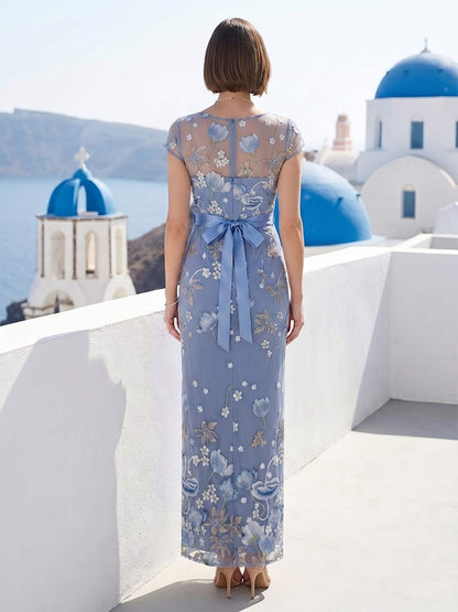 Robe Mère de la Mariée Fourreau/Colonne Encolure Bateau à Manches Courtes Longueur Cheville avec Broderie et Nœud