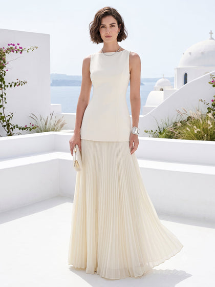 Robe Habillée Trapèze/Princesse Encolure Bateau Sans Manches Longueur Sol à Plis