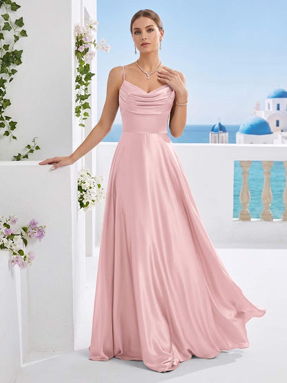 Robe de Demoiselle d'Honneur Longue en A-Line à Fines Bretelles Sans Manches avec Plis