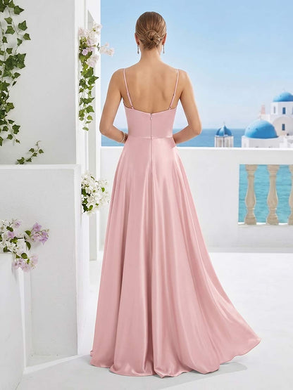 Robe de Demoiselle d'Honneur Longue en A-Line à Fines Bretelles Sans Manches avec Plis