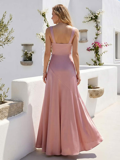 Robe de Demoiselle d'Honneur Longue A-Line à Col en V Sans Manches avec Volants et Fente Latérale