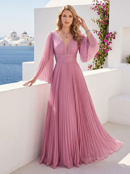 Robe de Demoiselle d'Honneur Longueur Sol A-Line à Manches Longues et Col en V avec Plis