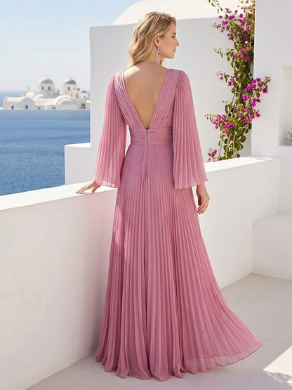 Robe de Demoiselle d'Honneur Longueur Sol A-Line à Manches Longues et Col en V avec Plis