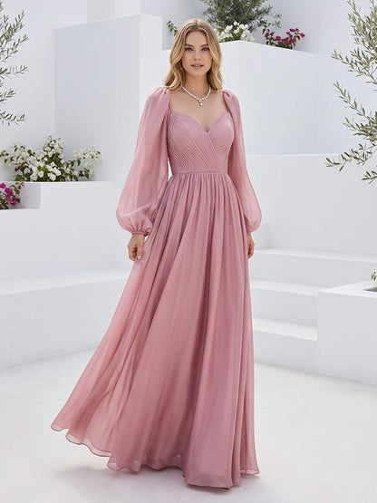 Robe de Demoiselle d'Honneur Longueur Sol A-Line à Manches Longues et Encolure en Cœur avec Plis et Fronces