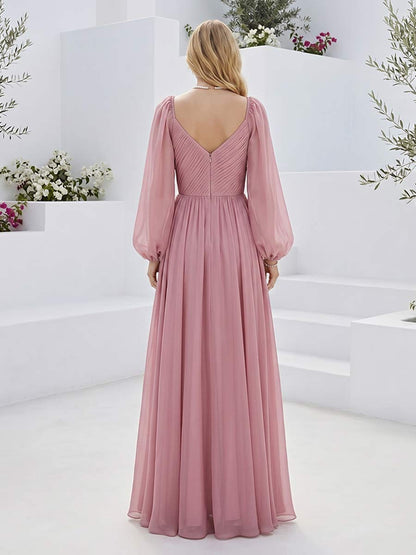 Robe de Demoiselle d'Honneur Longueur Sol A-Line à Manches Longues et Encolure en Cœur avec Plis et Fronces