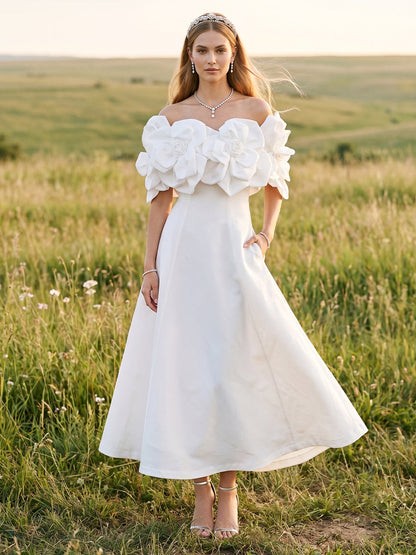 Robe de Cocktail Longueur Cheville A-Line à Épaules Dénudées avec Motif Floral 3D et Poches
