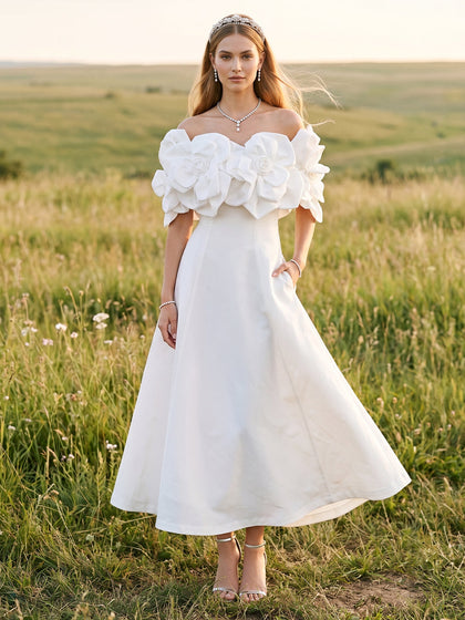 Robe de Cocktail Longueur Cheville A-Line à Épaules Dénudées avec Motif Floral 3D et Poches