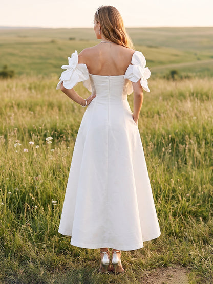 Robe de Cocktail Longueur Cheville A-Line à Épaules Dénudées avec Motif Floral 3D et Poches