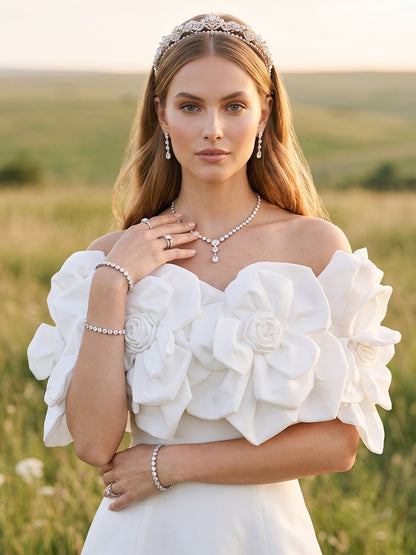 Robe de Cocktail Longueur Cheville A-Line à Épaules Dénudées avec Motif Floral 3D et Poches