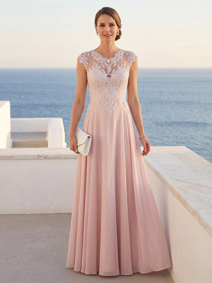 Robe Mère de la Mariée Longueur Sol A-Line à Encolure Arrondie et Manches Courtes avec Dentelle et Appliques