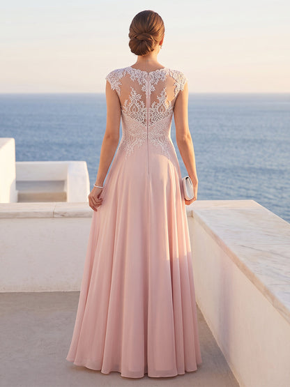 Robe Mère de la Mariée Longueur Sol A-Line à Encolure Arrondie et Manches Courtes avec Dentelle et Appliques