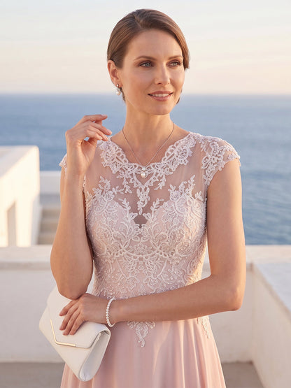 Robe Mère de la Mariée Longueur Sol A-Line à Encolure Arrondie et Manches Courtes avec Dentelle et Appliques