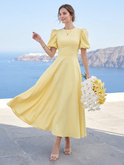 Robe de Demoiselle d'Honneur Coupe Trapèze / Princesse Encolure Arrondie Manches Bouffantes Mi-Mollet avec Fronces
