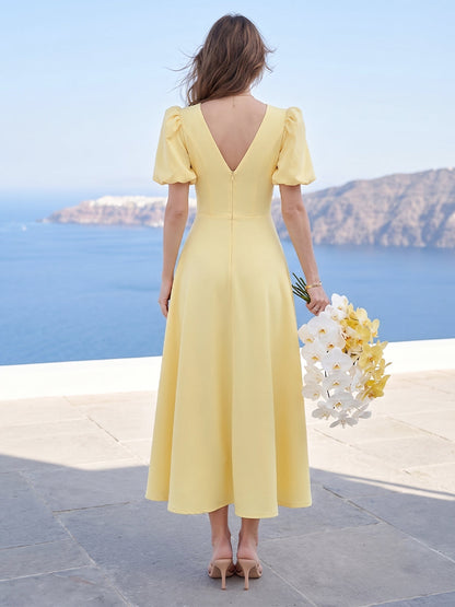 Robe de Demoiselle d'Honneur Coupe Trapèze / Princesse Encolure Arrondie Manches Bouffantes Mi-Mollet avec Fronces