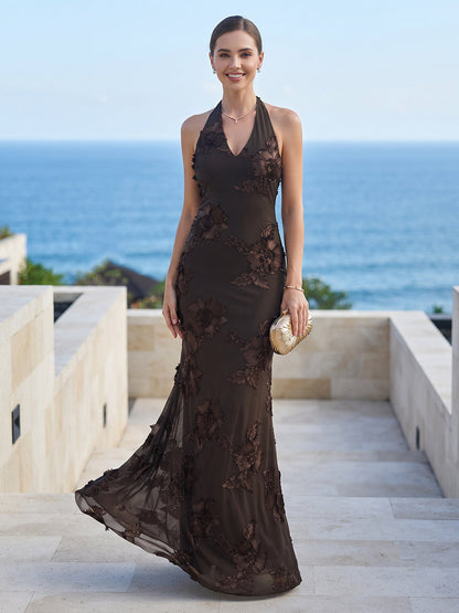 Robe de Demoiselle d'Honneur Fourreau / Colonne Licou Sans Manches Longueur Sol avec Fronces & Broderie
