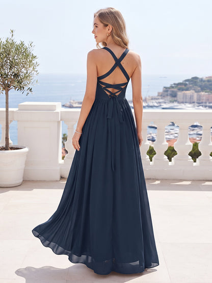 Robe de Demoiselle d'Honneur Coupe Trapèze / Princesse Encolure Carrée Sans Manches Longueur Sol avec Fente Latérale & Fronces