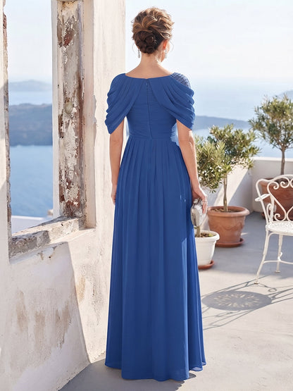 Robe Mère de la Mariée Ligne A/Princesse Col Rond à Mancherons Longueur Sol avec Perles et Fronces