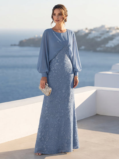 Robe Mère de la Mariée Ligne A/Princesse à Manches Longues Col Rond Longueur Sol avec Paillettes et Cape