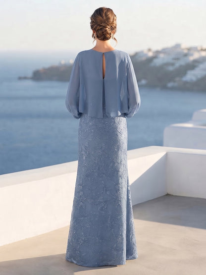 Robe Mère de la Mariée Ligne A/Princesse à Manches Longues Col Rond Longueur Sol avec Paillettes et Cape