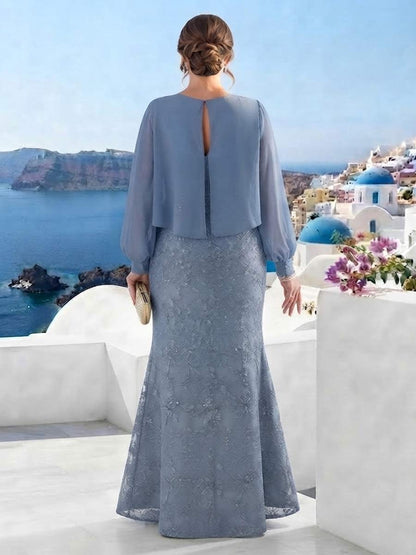 Robe de Mère de la Mariée Grande Taille Coupe A-Line/Princesse à Col Rond, Manches Longues, Longueur au Sol avec Paillettes & Cape