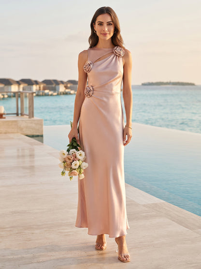 Robe de Demoiselle d'Honneur Longue Ligne A/Princesse Col Rond Sans Manches Longueur Cheville avec Fronces et Fleurs 3D