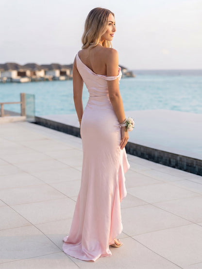 Robe de Demoiselle d'Honneur Trompette/Sirène Sans Manches à Épaules Dénudées avec Fente Latérale et Volants
