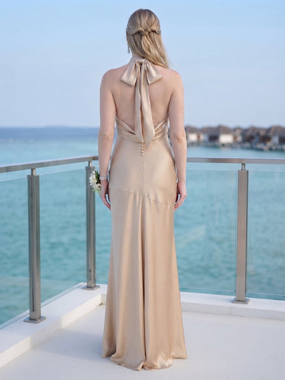 Robe de Demoiselle d'Honneur Trompette/Sirène Dos Nu Sans Manches Longueur Sol avec Fronces et Nœud Papillon