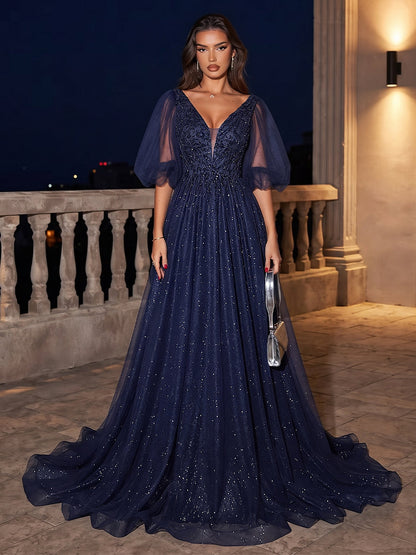 Robe de Soirée Ligne A/Princesse Col en V à Manches Courtes Longueur Sol avec Perles et Dentelle