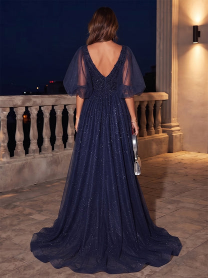 Robe de Soirée Ligne A/Princesse Col en V à Manches Courtes Longueur Sol avec Perles et Dentelle