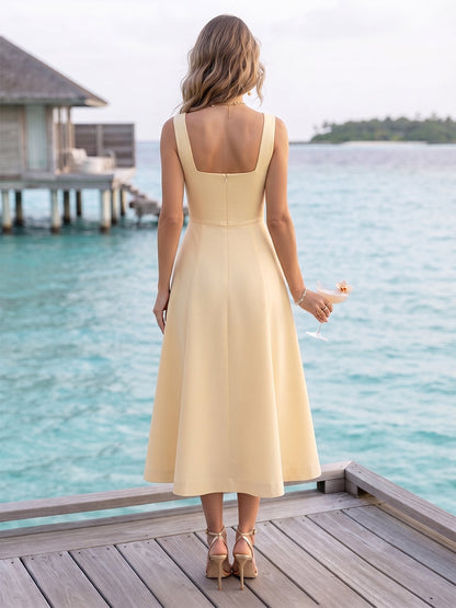 Robe de Cocktail Ligne A/Princesse Col Carré Sans Manches Longueur Thé avec Fronces et Fleurs 3D