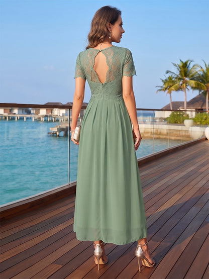 Robe Mère de la Mariée Ligne A/Princesse Col Rond à Manches Courtes Longueur Cheville avec Plis