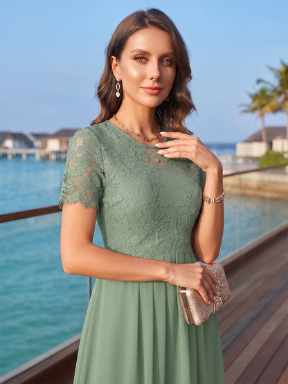 Robe Mère de la Mariée Ligne A/Princesse Col Rond à Manches Courtes Longueur Cheville avec Plis