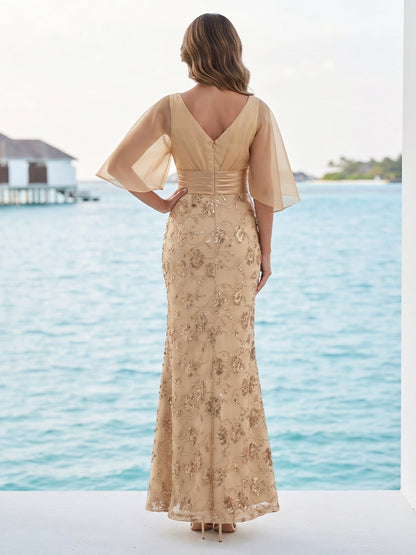 Robe Mère de la Mariée Trompette/Sirène Col Rond à Manches Volantées Longueur Sol avec Appliqués