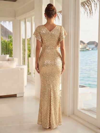 Robe Mère de la Mariée Trompette/Sirène Col Rond à Manches Volantées Longueur Sol avec Paillettes