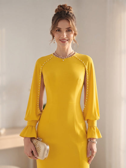 Robe Mère de la Mariée Gaine/Colonne Col Rond à Manches Longues Longueur Genou avec Perles
