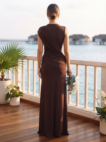 Robe de Demoiselle d'Honneur Longue Trompette/Sirène Asymétrique, Col Haut à Plis et Fronces