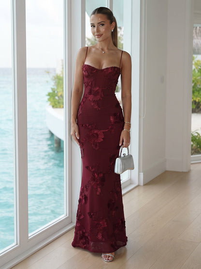 Robe de Demoiselle d'Honneur Longue Trompette/Sirène, à Bretelles Spaghetti, Sans Manches & Brodée