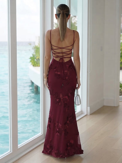 Robe de Demoiselle d'Honneur Longue Trompette/Sirène, à Bretelles Spaghetti, Sans Manches & Brodée