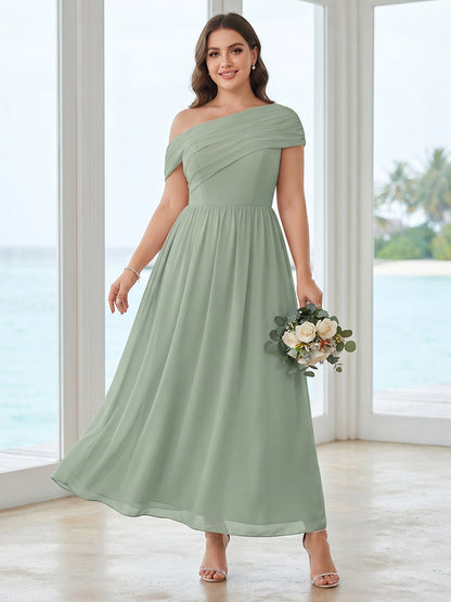 Robe de Demoiselle d'Honneur Grande Taille Ligne A/Princesse Asymétrique, Longueur Sol à Plis