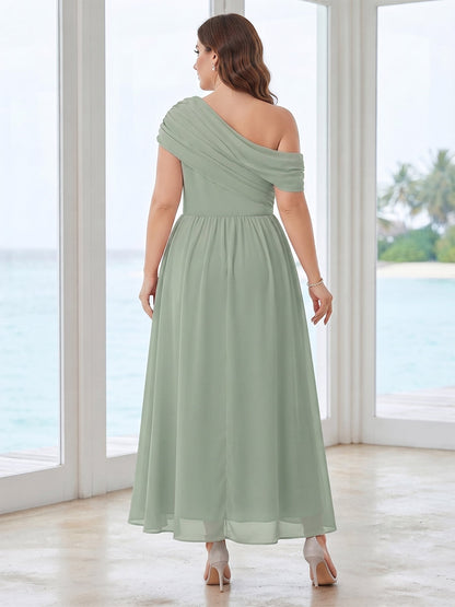 Robe de Demoiselle d'Honneur Grande Taille Ligne A/Princesse Asymétrique, Longueur Sol à Plis