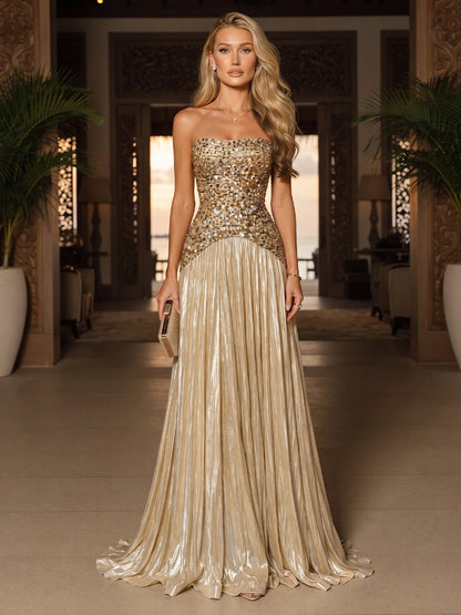 Robe de Soirée Ligne A/Princesse Bustier, Longueur Sol à Plis & Paillettes