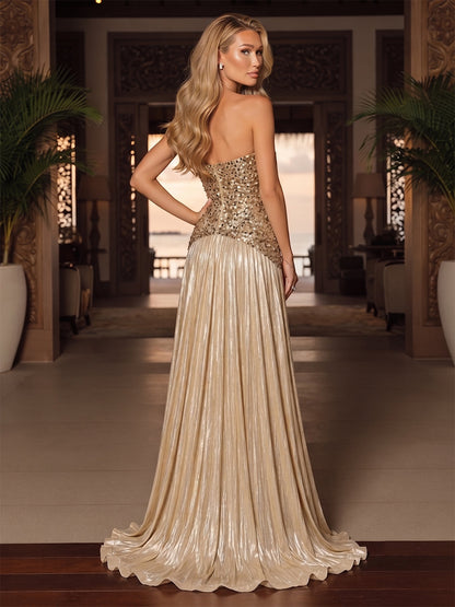 Robe de Soirée Ligne A/Princesse Bustier, Longueur Sol à Plis & Paillettes