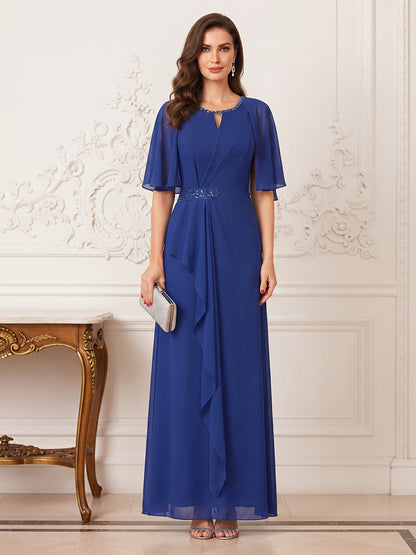Robe de Mère de la Mariée Ligne A/Princesse, Col Rond, Demi-manches, Longueur Sol à Volants & Paillettes