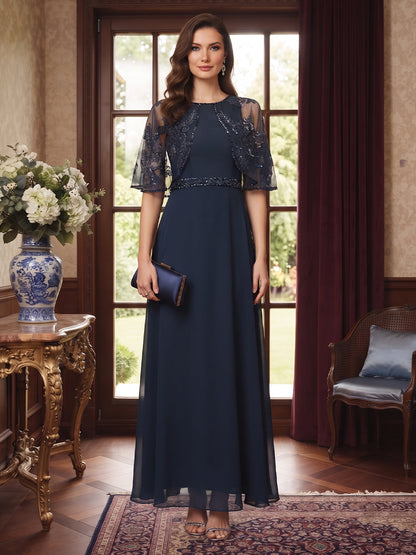 Robe de Mère de la Mariée Ligne A/Princesse, Col Rond, Demi-manches, Longueur Sol avec Cape & Paillettes