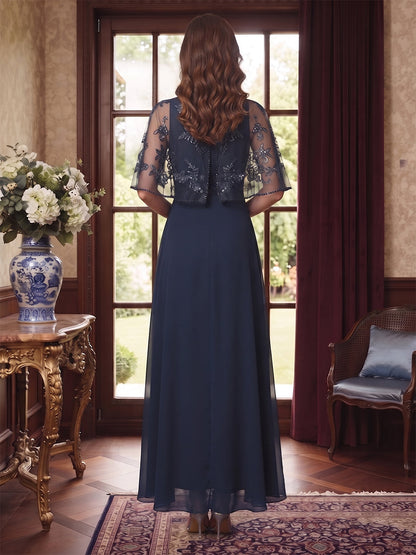 Robe de Mère de la Mariée Ligne A/Princesse, Col Rond, Demi-manches, Longueur Sol avec Cape & Paillettes