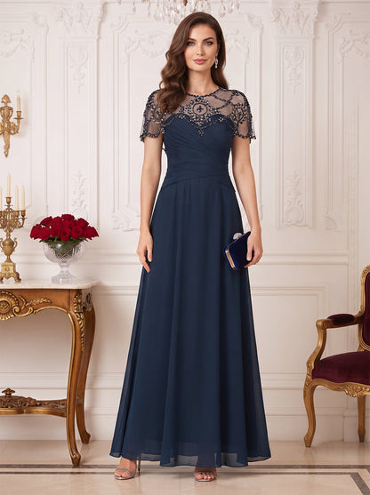 Robe de Mère de la Mariée Coupe A-Line/Princesse à Col Rond, Manches Courtes et Longueur au Sol avec Strass & Ruchés